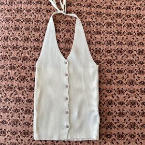 Halter Ribbed Button-Front Tank Top - Cream